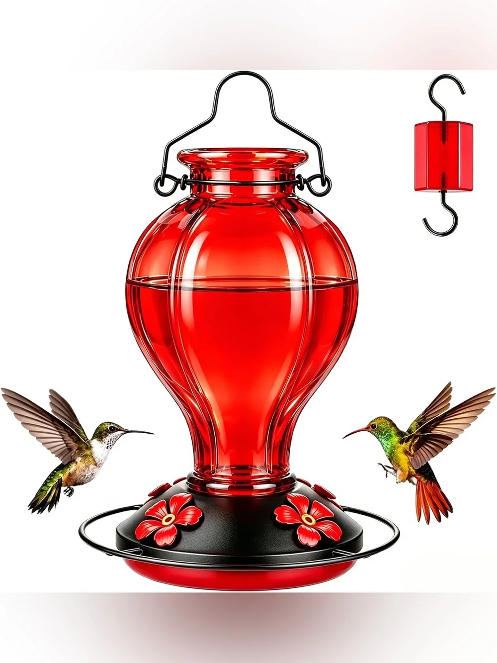 Red Glass Hummingbird Feeder - Floral